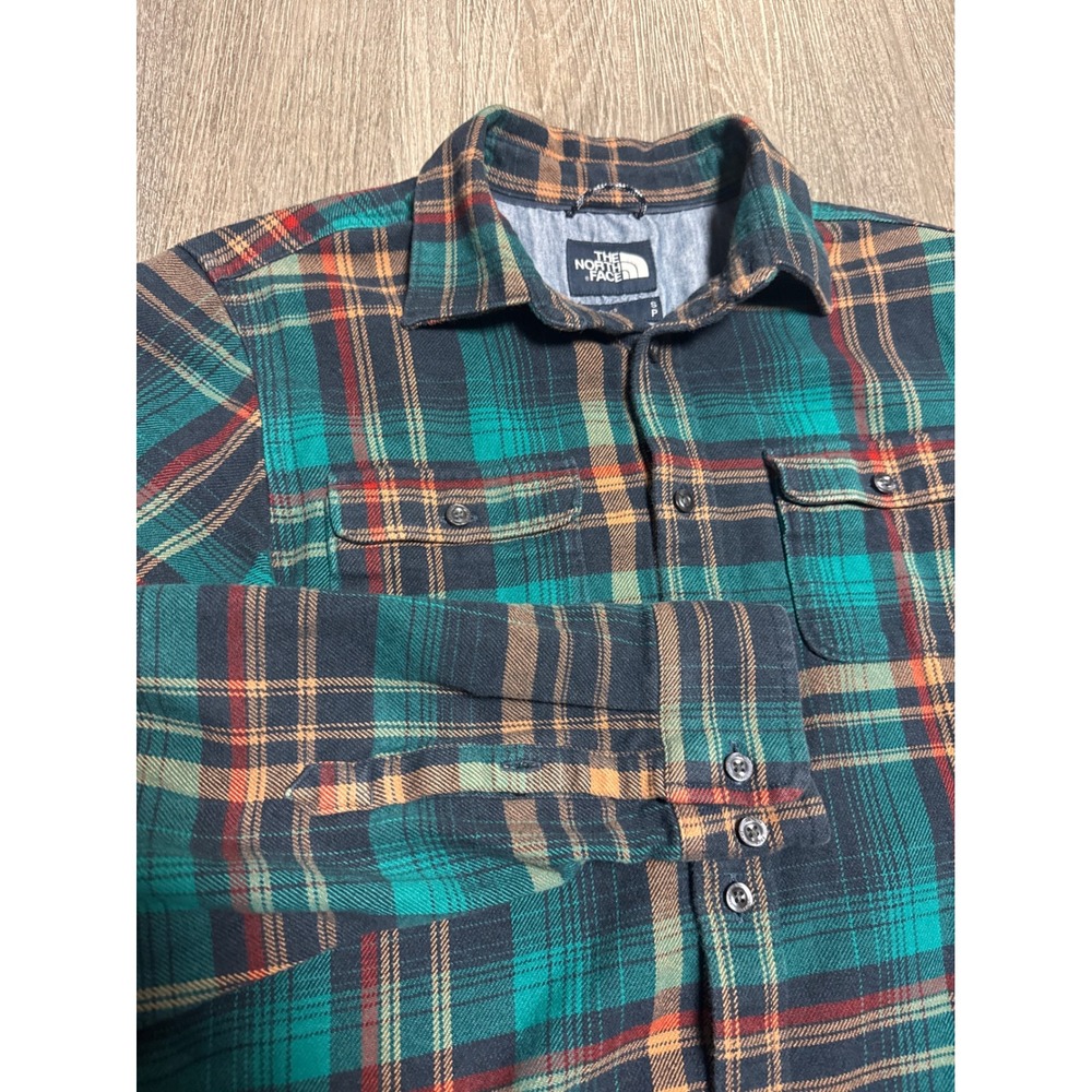 The North Face Mens Green Plaid Flannel Button Down Shirt Small twill